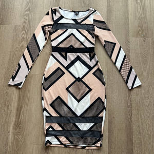 Fire Los Angeles Small Black/Tan/White Abstract A-Line Midi Long Sleeve Dress